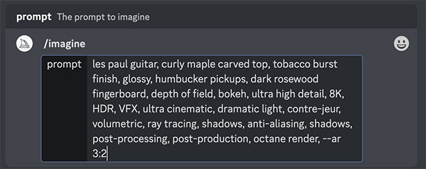 Discord prompt to create Les Paul guitar in tobacco burst finish.