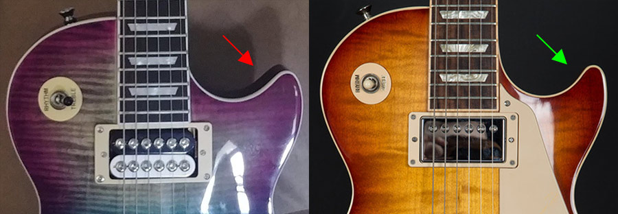 Fake Les Paul cutaway compared to a genuine's.