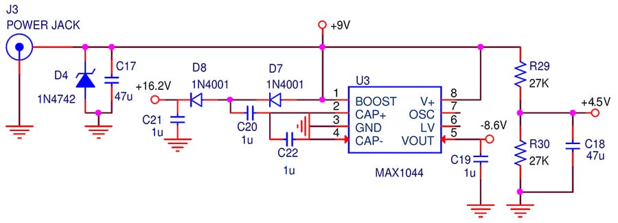 Schematic for Klon Centaur's power circuit